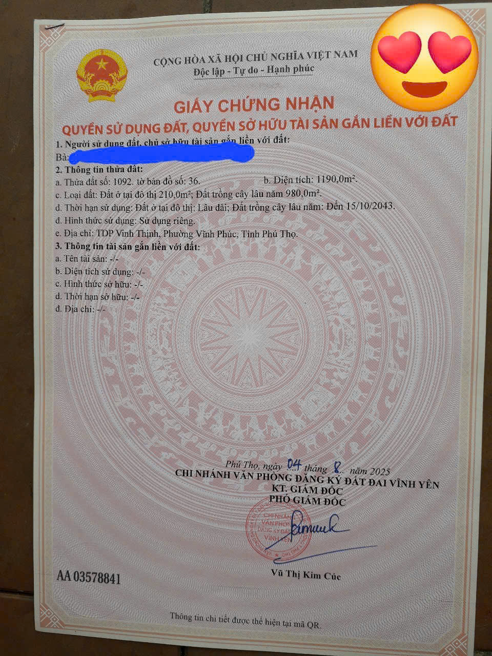 Bán đất tại Khai Quang, Vĩnh Yên, Vĩnh Phúc. DT 1190m2 giá 18 tỷ.